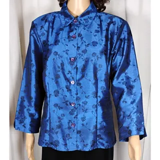 Photo of Vintage Blue Rose L Jacquard Satin Blouse Long Sleeve Whimsigoth Dark Romantic