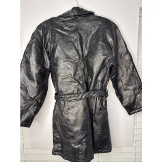Photo of Vintage Giovanni Navarre Italian Stone Black Leather Patchwork Belted Trench Coat