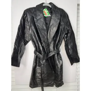 Photo of Vintage Giovanni Navarre Italian Stone Black Leather Patchwork Belted Trench Coat