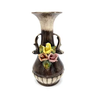 Photo of Vintage Capodimonte Pink & Yellow Rose Flower Vase Centerpiece 8.25” Italy