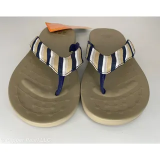 Photo of Flip Flop Thong Sandal Women's Size 9 Khaki Blue White Stripe Soft Science Foam