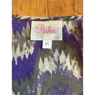 Photo of Parker Blouse Womens XS Purple Blue Gray Ikat Print Sheer Wrap V Neck 3/4 Sleeve