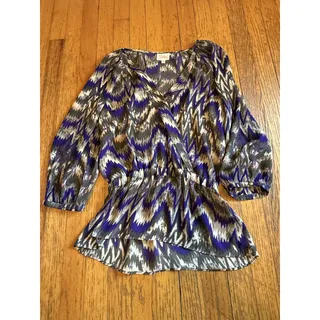 Photo of Parker Blouse Womens XS Purple Blue Gray Ikat Print Sheer Wrap V Neck 3/4 Sleeve
