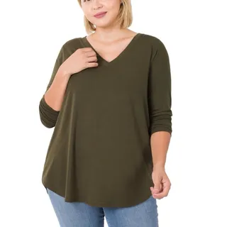 Photo of Zenana Women's Olive V-Neck Long Sleeve Top