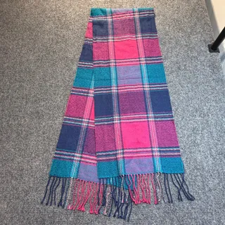 Photo of 100% Cashmere Scarf Made In Scotland Pink Blue Plaid Tartan Fringe Winter Wrap