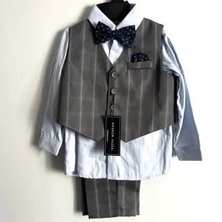 Photo of NWT Boys 4-Piece Formal Set Toddler Size 2T Grey & Blue Vest Slacks Shirt Tie