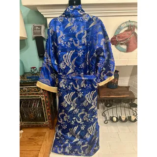 Photo of REVERSIBLE BLUE GOLD METALLIC DRAGON & PHOENIX (LONGFENG) CHINESE KIMONO ROBE 