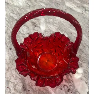 Photo of Fenton Ruby Red 95th Anniversary Ruffled Glass Basket – Leaf Pattern – Art Glass