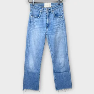 Photo of CQY Denim High Waisted Light Wash Frayed Hem Straight Leg Crop Jeans Size 24