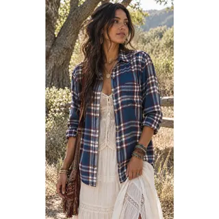 Photo of American Eagle Lightweight Plaid Flannel Button Front Shirt Blue Burgundy Large NWOT