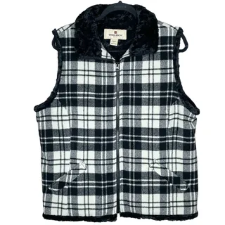 Photo of WOOLRICH Black White Moccasin Plaid Wool Sherpa Lined Zip Vest Size Large