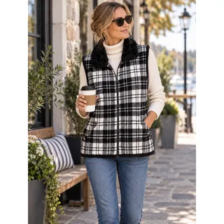Photo of WOOLRICH Black White Moccasin Plaid Wool Sherpa Lined Zip Vest Size Large