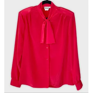 Photo of VINTAGE red tie neck long sleeve silky blouse fits size Large