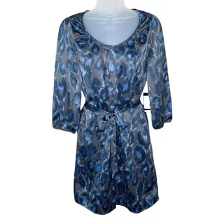 Photo of NWT EXPRESS Blue Brown Leopard Print Satin Belted Shirt Dress Size Small Y2K