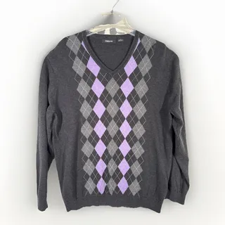 Photo of Claiborne Mens L Argyle V Neck Sweater Dark Gray Purple Diamond Knit Pullover
