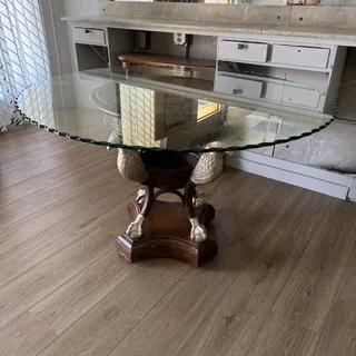 Photo of Glass Top Carved Eagle Table Leather Under Glass top 48 inch