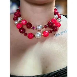 Photo of Vintage 1950s Red Resin Faux Pearl Crystal Two Strand Choker Necklace
