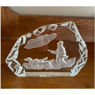 Photo of Art Glass Bruce Clark Hunter & Dogs Thick Art Glass Paperweight Figurine
