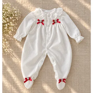 Photo of Vintage BabyGro White Lace Footed Romper | 6-9M | 1980s Christmas Outfit