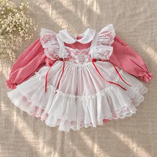 Photo of Vintage Bryan Christmas Baby Dress | 12M | 1980s Red Lace Pinafore