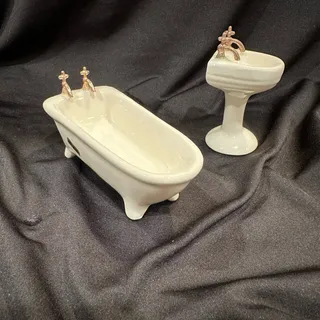 Photo of Vintage Miniature Porcelain Bathroom Set Bathtub & Sink Dollhouse 1:12
