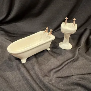 Photo of Vintage Miniature Porcelain Bathroom Set Bathtub & Sink Dollhouse 1:12
