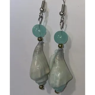Photo of Handmade Coastal Pacific Mini Conch Shell Blue Teal Gray Dangly Earrings 2”
