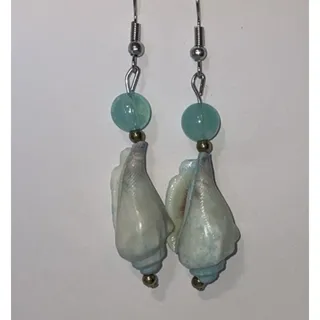 Photo of Handmade Coastal Pacific Mini Conch Shell Blue Teal Gray Dangly Earrings 2”