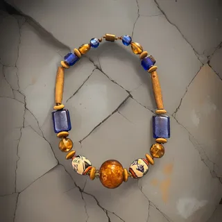 Photo of Beaded Glass Necklace Blue Brown Round Amber Resin Bead with magnet Closure 15”