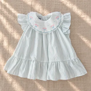 Photo of Vintage Polly Flinders Baby Dress | Blue Stripe Heart Embroidered | 18 Months