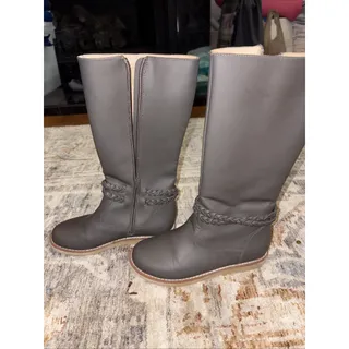 Photo of Elephantito Dark Gray Leather Tall Boots Toddler Size 13 Braided Strap MINT