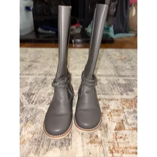 Photo of Elephantito Dark Gray Leather Tall Boots Toddler Size 13 Braided Strap MINT