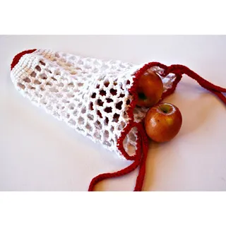Photo of Reusable Handmade Produce Bag or Market Tote, Crocheted with Red and White Yarn