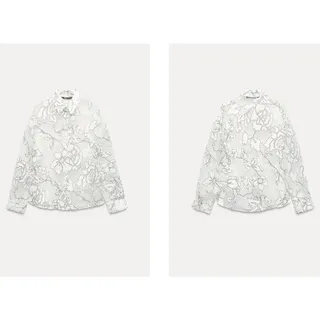 Photo of Zara Contrasting Devore Semi Sheer White Maroon Blouse S EUC