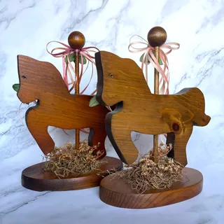 Photo of Vintage Wooden Carousel Horse Decor Set of 2 Pink Roses Ribbon Cottagecore