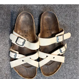 Photo of Birkenstock Birkis Nepal White Leather Criss Cross Slide Sandals Cork EU 38 US 7