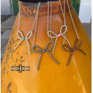 Photo of Cowgirl Pearls Necklace | Pink & Silver Navajo Style Pearl Bow Necklace