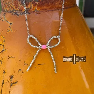 Photo of Cowgirl Pearls Necklace | Pink & Silver Navajo Style Pearl Bow Necklace