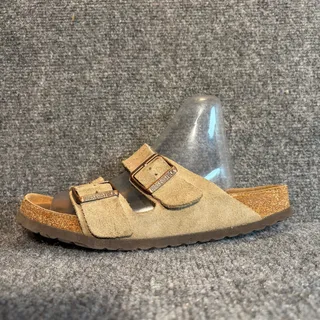 Photo of Birkenstock Tan Taupe Suede Arizona Double Buckle Cork Slide Sandals EU 40 US 9