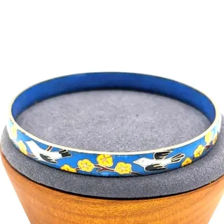 Photo of Vintage Blue Enamel Flying Bird Yellow Flower Cloisonne Bangle Bracelet