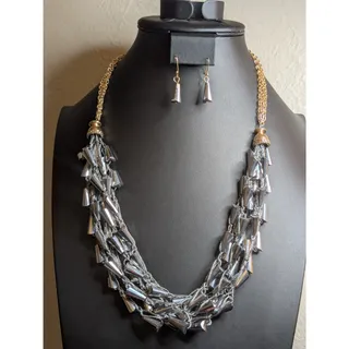 Photo of Multi-Layer Crochet Metallic Bead Two Tone Statement Necklace & Earring Set