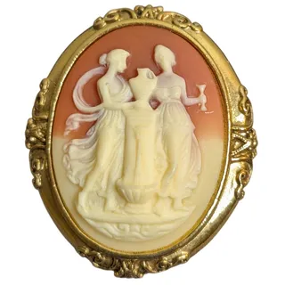 Photo of Vintage 2" Cameo Pin/Brooch 2 Ladies & A Vase Gold Tone Brooch