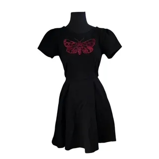 Photo of ModCloth Black Short Sleeve Flare Dress w/Red Moth - Small