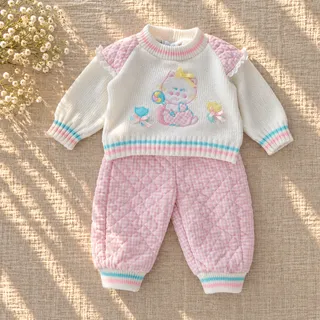 Photo of Vintage 1980s Doe-Spun Baby Girl Cat Sweater & Quilted Gingham Pants Set | 3-6M