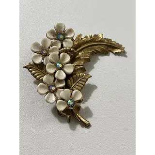 Photo of Vintage EMMONS Brooch Enamel Flower Rhinestone Gold Tone Floral Pin Signed