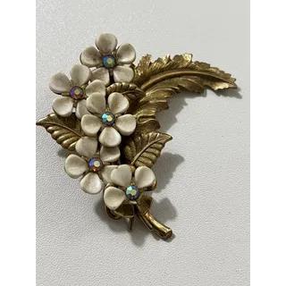 Photo of Vintage EMMONS Brooch Enamel Flower Rhinestone Gold Tone Floral Pin Signed