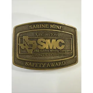 Photo of Vintage Sabine Mine Coal Mining Safety Award Belt Buckle SMC Texas Brass Tone