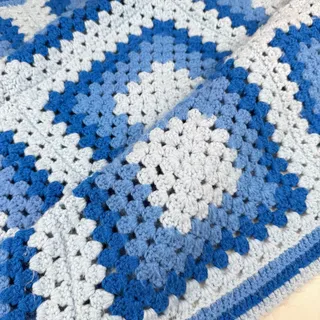 Photo of Vintage crochet granny square blanket blue handmade throw 61x38