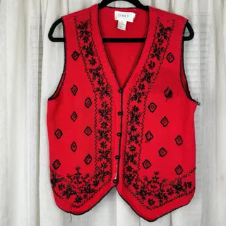 Photo of Vintage red knit beaded vest by Jenny size L – floral embroidered holiday style