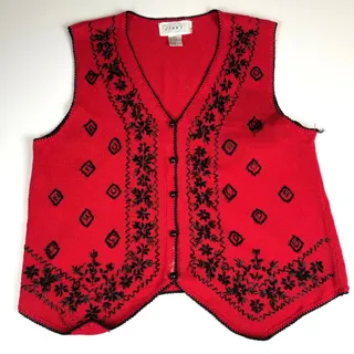 Photo of Vintage red knit beaded vest by Jenny size L – floral embroidered holiday style